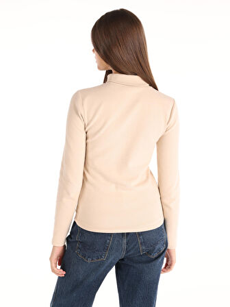 Slim Fit Balıkçı Bej Kadın Uzun Kol Tişört