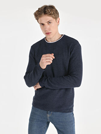 Slim Fit Bisiklet Yaka Basic Mavi Erkek Kazak