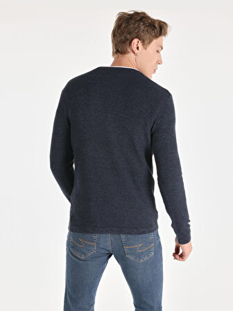 Slim Fit Bisiklet Yaka Basic Mavi Erkek Kazak