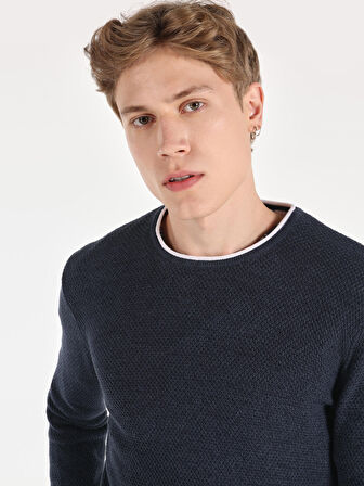 Slim Fit Bisiklet Yaka Basic Mavi Erkek Kazak