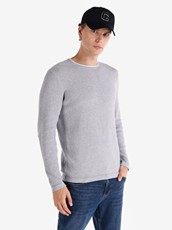 Slim Fit Bisiklet Yaka Basic Gri Erkek Kazak