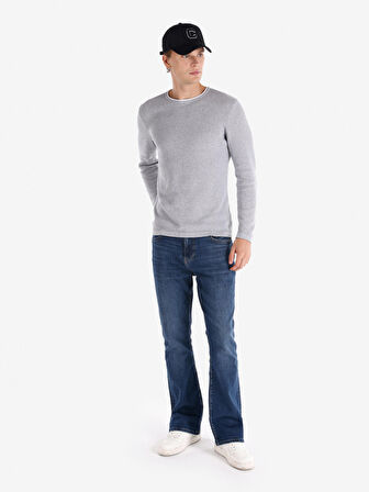 Slim Fit Bisiklet Yaka Basic Gri Erkek Kazak