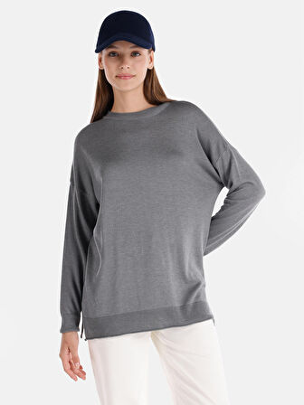Regular Fit Bisiklet Yaka Basic Gri Kadın Kazak