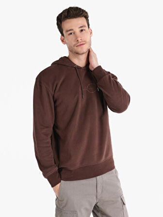Regular Fit Kapüşonlu Baskılı Kahverengi Erkek Sweatshirt