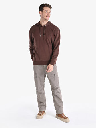 Regular Fit Kapüşonlu Baskılı Kahverengi Erkek Sweatshirt