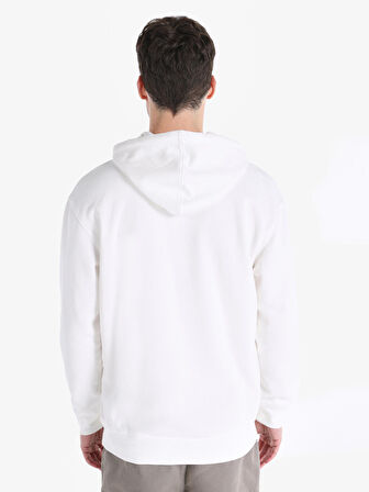 Regular Fit Kapüşonlu Baskılı Beyaz Erkek Sweatshirt