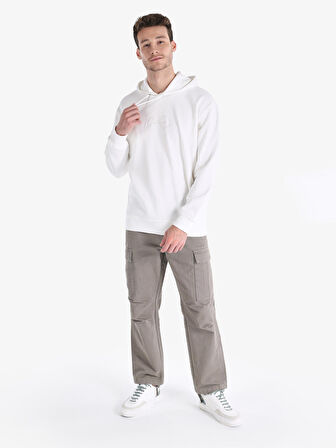 Regular Fit Kapüşonlu Baskılı Beyaz Erkek Sweatshirt