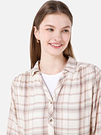 Normal Kesim Shirt Yaka Bej Kadın Uzun Kol Gömlek Cl1065856