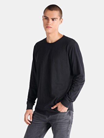 Regular Fit Bisiklet Yaka Basic Siyah Erkek Uzun Kol Tişört