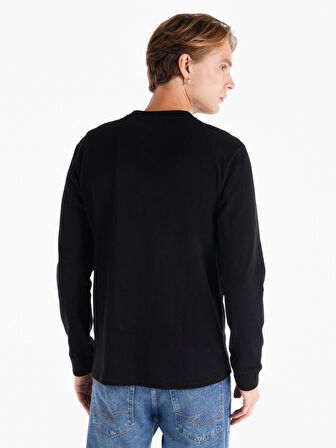 Regular Fit Düğmeli Yaka Basic Siyah Erkek Uzun Kol Tişört