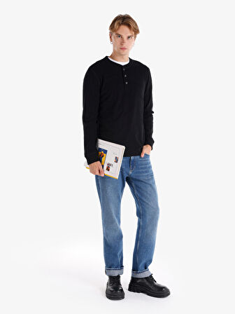 Regular Fit Düğmeli Yaka Basic Siyah Erkek Uzun Kol Tişört