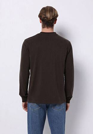 Slim Fit Düğmeli Yaka Düz Erkek Kahverengi Uzun Kol Tişört