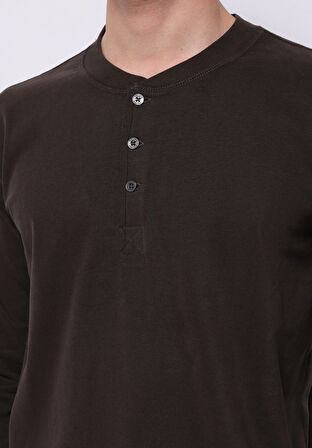 Slim Fit Düğmeli Yaka Düz Erkek Kahverengi Uzun Kol Tişört