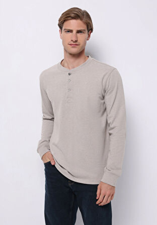 Slim Fit Düğmeli Yaka Düz Erkek Bej Uzun Kol Tişört