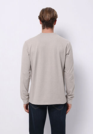 Slim Fit Düğmeli Yaka Düz Erkek Bej Uzun Kol Tişört