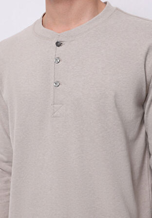 Slim Fit Düğmeli Yaka Düz Erkek Bej Uzun Kol Tişört