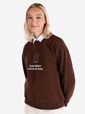 Regular Fit Bisiklet Yaka Yazı Baskılı Kahverengi Kadın Sweatshirt