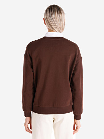 Regular Fit Bisiklet Yaka Yazı Baskılı Kahverengi Kadın Sweatshirt