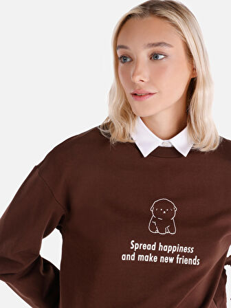 Regular Fit Bisiklet Yaka Yazı Baskılı Kahverengi Kadın Sweatshirt