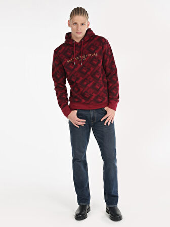 Regular Fit Baskılı Kapüşonlu Mor Erkek Sweatshirt