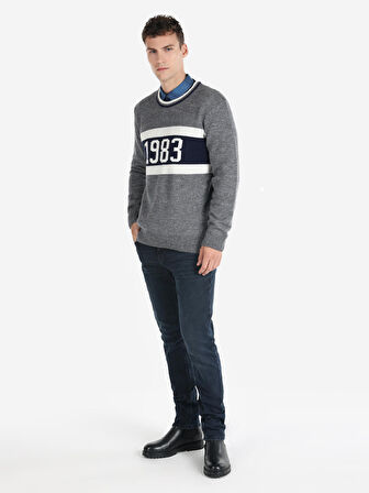 Regular Fit Baskılı Hooded Gri Erkek Kazak