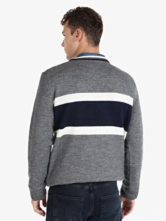 Regular Fit Baskılı Hooded Gri Erkek Kazak