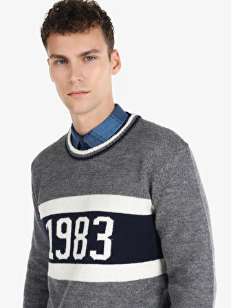 Regular Fit Baskılı Hooded Gri Erkek Kazak