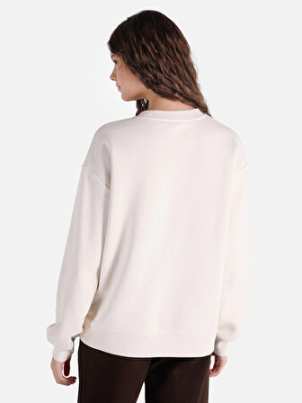 Regular Fit Bisiklet Yaka Baskılı Ekru Kadın Sweatshirt