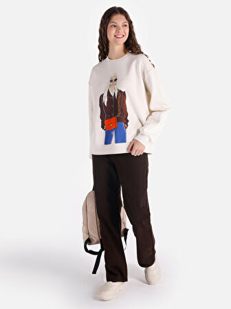 Regular Fit Bisiklet Yaka Baskılı Ekru Kadın Sweatshirt