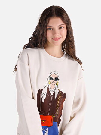 Regular Fit Bisiklet Yaka Baskılı Ekru Kadın Sweatshirt