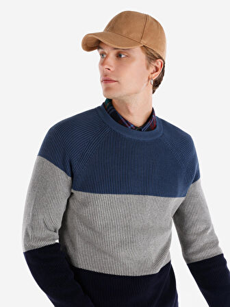 Regular Fit Bisiklet Yaka Çizgili Lacivert Erkek Kazak