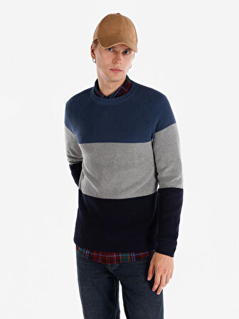 Regular Fit Bisiklet Yaka Çizgili Lacivert Erkek Kazak