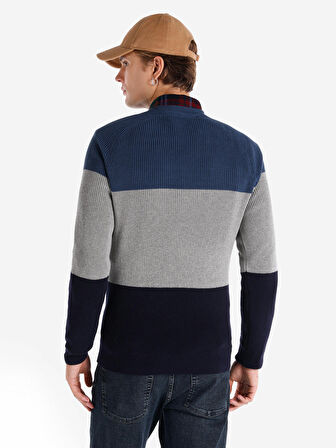 Regular Fit Bisiklet Yaka Çizgili Lacivert Erkek Kazak