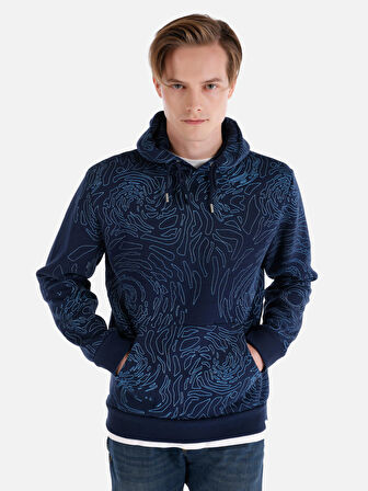 Regular Fit Baskılı Kapüşonlu Lacivert Erkek Sweatshirt