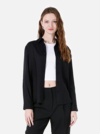 Normal Kesim Shirt Yaka Siyah Kadın Uzun Kol Gömlek
