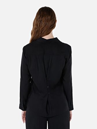 Normal Kesim Shirt Yaka Siyah Kadın Uzun Kol Gömlek