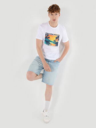 Regular Fit Bisiklet Yaka Baskılı Beyaz Erkek Kısa Kol Tişört