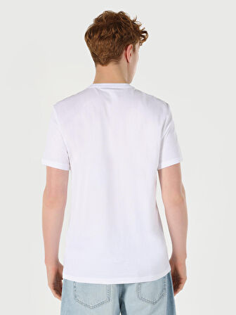 Regular Fit Bisiklet Yaka Baskılı Beyaz Erkek Kısa Kol Tişört