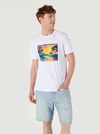 Regular Fit Bisiklet Yaka Baskılı Beyaz Erkek Kısa Kol Tişört