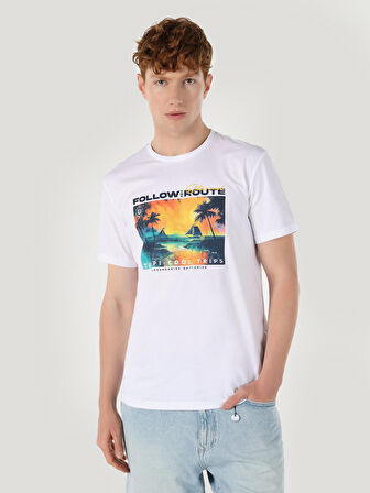 Regular Fit Bisiklet Yaka Baskılı Beyaz Erkek Kısa Kol Tişört