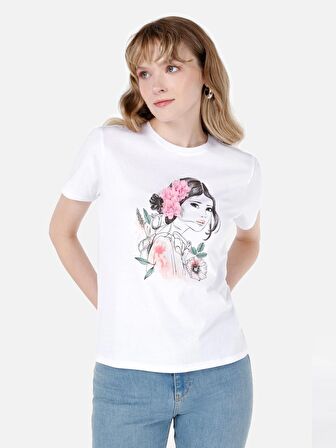 Normal Kesim Bisiklet Yaka Baskılı Beyaz Kadın Kısa Kol Tişört Cl1066640