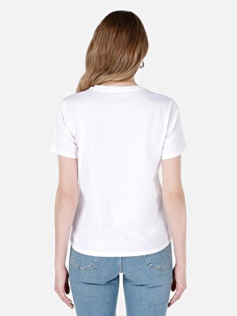 Normal Kesim Bisiklet Yaka Baskılı Beyaz Kadın Kısa Kol Tişört Cl1066640