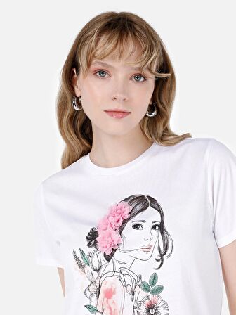 Normal Kesim Bisiklet Yaka Baskılı Beyaz Kadın Kısa Kol Tişört Cl1066640