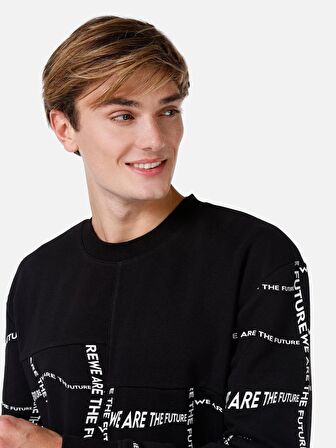 Normal Kesim Bisiklet Yaka Baskılı Siyah Erkek Sweatshirt Cl1066732