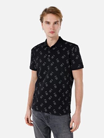 Normal Kesim Polo Yaka Baskılı Siyah Erkek Kısa Kol Tişört Cl1066737
