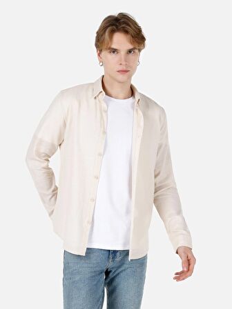 Dar Kesim Shirt Yaka Bej Erkek Uzun Kol Gömlek Cl1066755