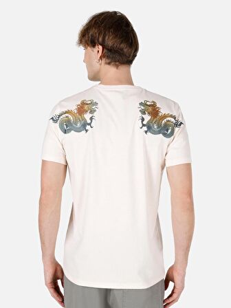 Normal Kesim Bisiklet Yaka Baskılı Bej Erkek Kısa Kol Tişört Cl1066765