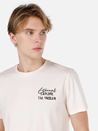 Normal Kesim Bisiklet Yaka Baskılı Bej Erkek Kısa Kol Tişört Cl1066765