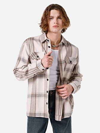 Normal Kesim Shirt Yaka Cepli Bej Erkek Uzun Kol Gömlek Cl1066796