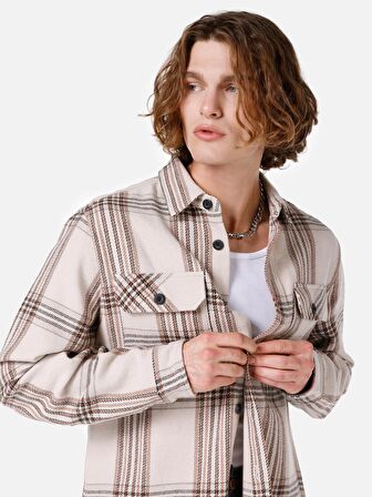 Normal Kesim Shirt Yaka Cepli Bej Erkek Uzun Kol Gömlek Cl1066796